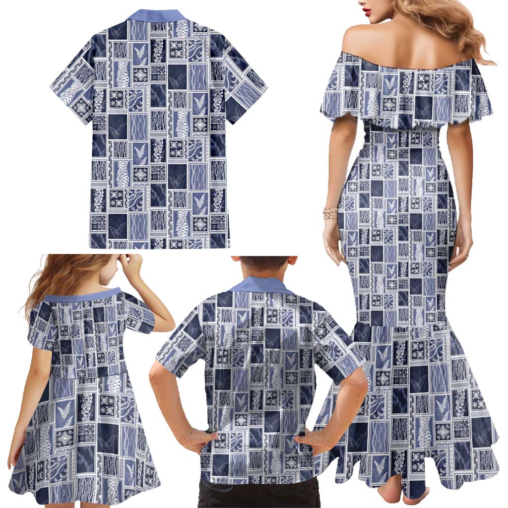 Vintage Aloha Block Quilt Family Matching Mermaid Dress and Hawaiian Shirt Blue Inspired Lei Motifs LT9 - Polynesian Pride