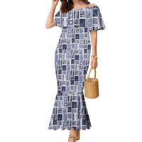 Vintage Aloha Block Quilt Family Matching Mermaid Dress and Hawaiian Shirt Blue Inspired Lei Motifs LT9 Mom's Dress Blue - Polynesian Pride