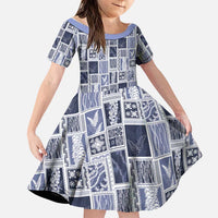 Vintage Aloha Block Quilt Family Matching Off The Shoulder Long Sleeve Dress and Hawaiian Shirt Blue Inspired Lei Motifs LT9 Daughter's Dress Blue - Polynesian Pride