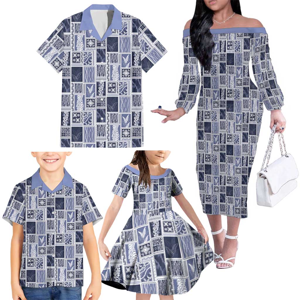 Vintage Aloha Block Quilt Family Matching Off The Shoulder Long Sleeve Dress and Hawaiian Shirt Blue Inspired Lei Motifs LT9 - Polynesian Pride
