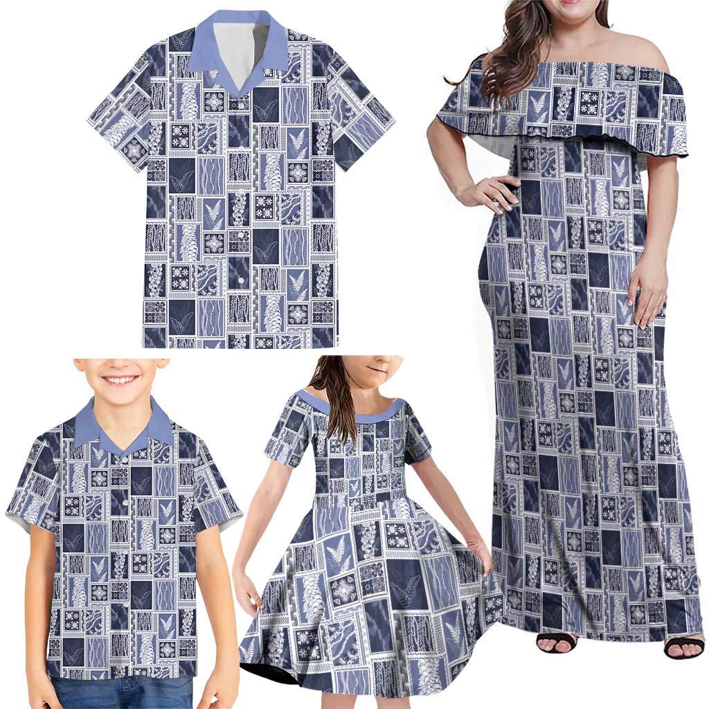 Vintage Aloha Block Quilt Family Matching Off Shoulder Maxi Dress and Hawaiian Shirt Blue Inspired Lei Motifs - Polynesian Pride
