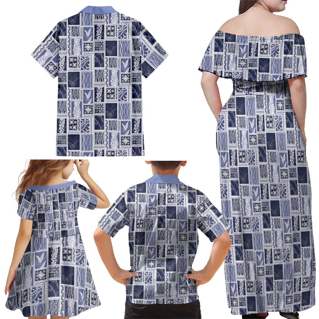 Vintage Aloha Block Quilt Family Matching Off Shoulder Maxi Dress and Hawaiian Shirt Blue Inspired Lei Motifs LT9 - Polynesian Pride