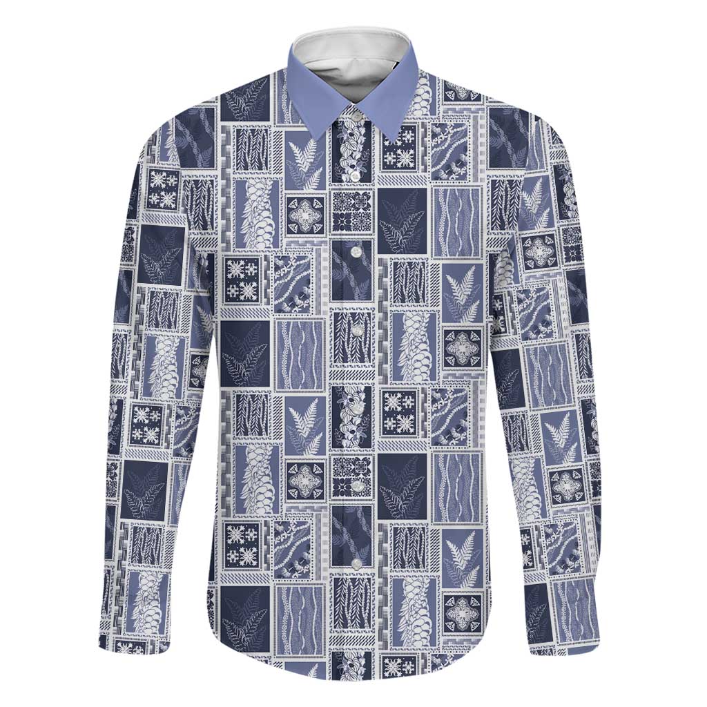 Vintage Aloha Block Quilt Family Matching Off Shoulder Maxi Dress and Hawaiian Shirt Blue Inspired Lei Motifs LT9 Dad's Shirt - Long Sleeve Blue - Polynesian Pride