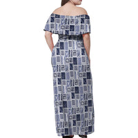 Vintage Aloha Block Quilt Family Matching Off Shoulder Maxi Dress and Hawaiian Shirt Blue Inspired Lei Motifs LT9 - Polynesian Pride