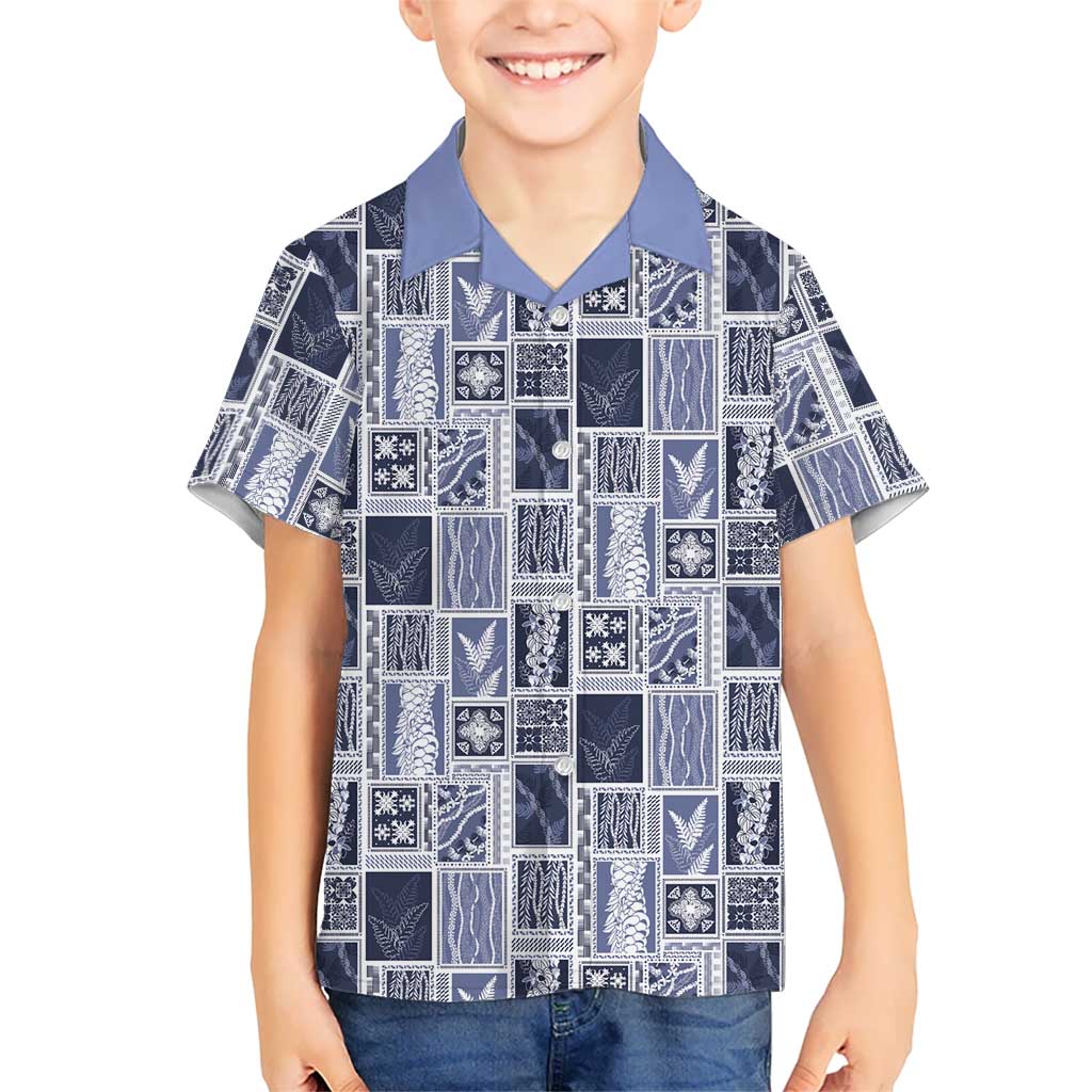 Vintage Aloha Block Quilt Family Matching Off Shoulder Maxi Dress and Hawaiian Shirt Blue Inspired Lei Motifs LT9 Son's Shirt Blue - Polynesian Pride
