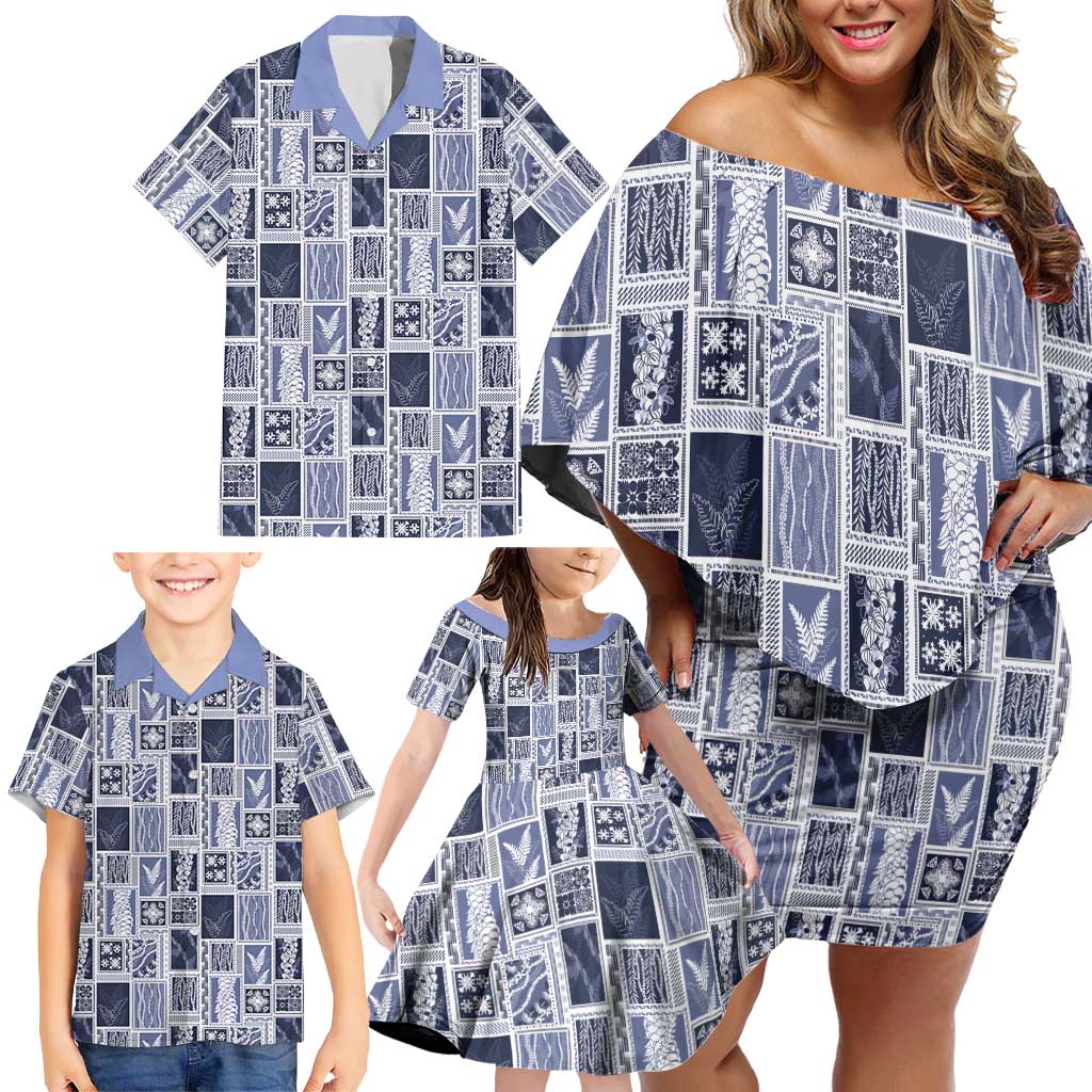 Vintage Aloha Block Quilt Family Matching Off Shoulder Short Dress and Hawaiian Shirt Blue Inspired Lei Motifs - Polynesian Pride