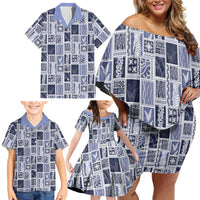 Vintage Aloha Block Quilt Family Matching Off Shoulder Short Dress and Hawaiian Shirt Blue Inspired Lei Motifs LT9 - Polynesian Pride