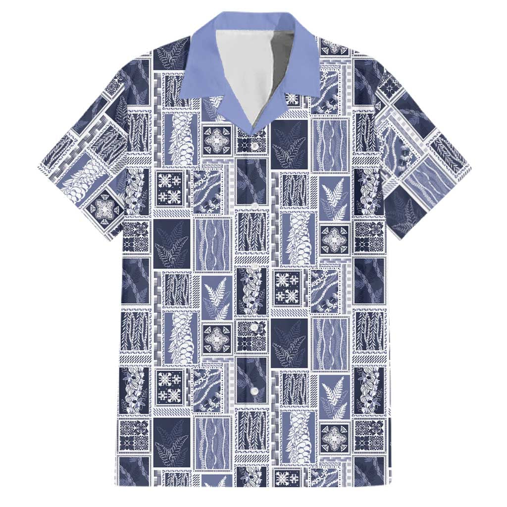 Vintage Aloha Block Quilt Family Matching Off Shoulder Short Dress and Hawaiian Shirt Blue Inspired Lei Motifs LT9 Dad's Shirt - Short Sleeve Blue - Polynesian Pride