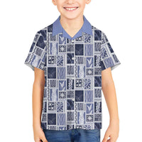Vintage Aloha Block Quilt Family Matching Off Shoulder Short Dress and Hawaiian Shirt Blue Inspired Lei Motifs LT9 Son's Shirt Blue - Polynesian Pride