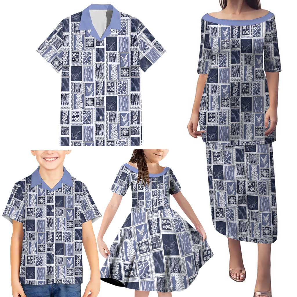 Vintage Aloha Block Quilt Family Matching Puletasi and Hawaiian Shirt Blue Inspired Lei Motifs - Polynesian Pride