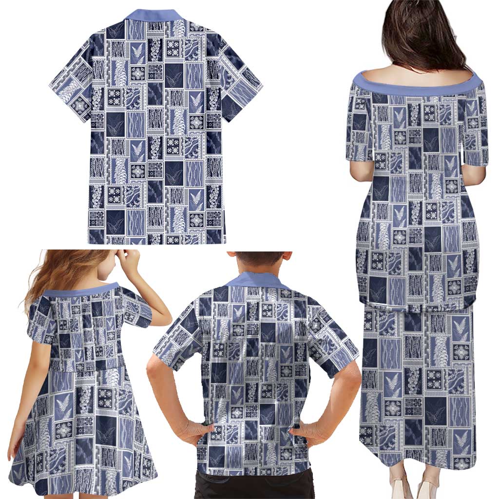 Vintage Aloha Block Quilt Family Matching Puletasi and Hawaiian Shirt Blue Inspired Lei Motifs LT9 - Polynesian Pride