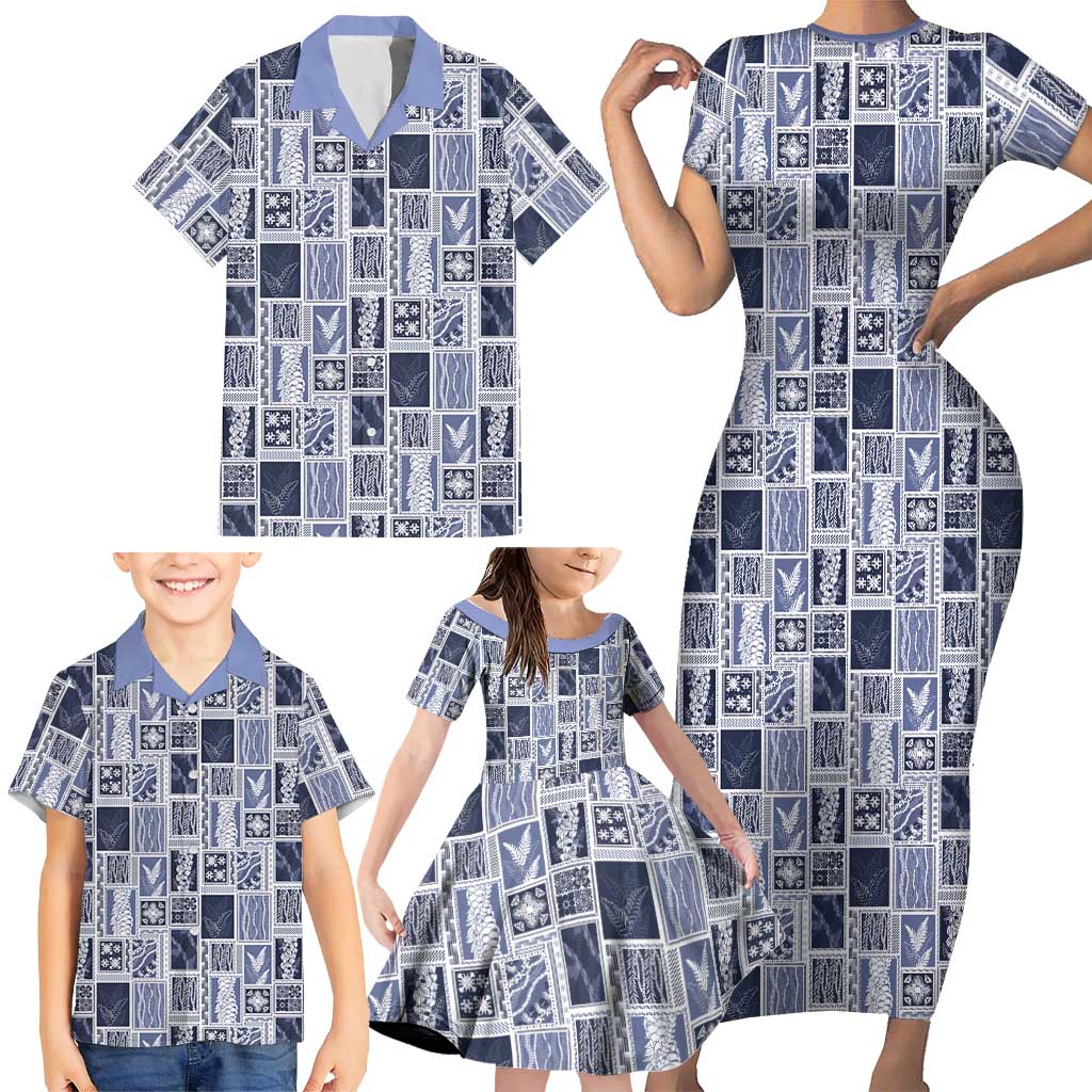 Vintage Aloha Block Quilt Family Matching Short Sleeve Bodycon Dress and Hawaiian Shirt Blue Inspired Lei Motifs - Polynesian Pride