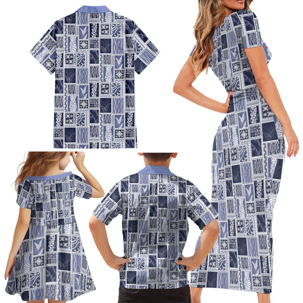 Vintage Aloha Block Quilt Family Matching Short Sleeve Bodycon Dress and Hawaiian Shirt Blue Inspired Lei Motifs LT9 - Polynesian Pride