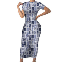 Vintage Aloha Block Quilt Family Matching Short Sleeve Bodycon Dress and Hawaiian Shirt Blue Inspired Lei Motifs LT9 Mom's Dress Blue - Polynesian Pride