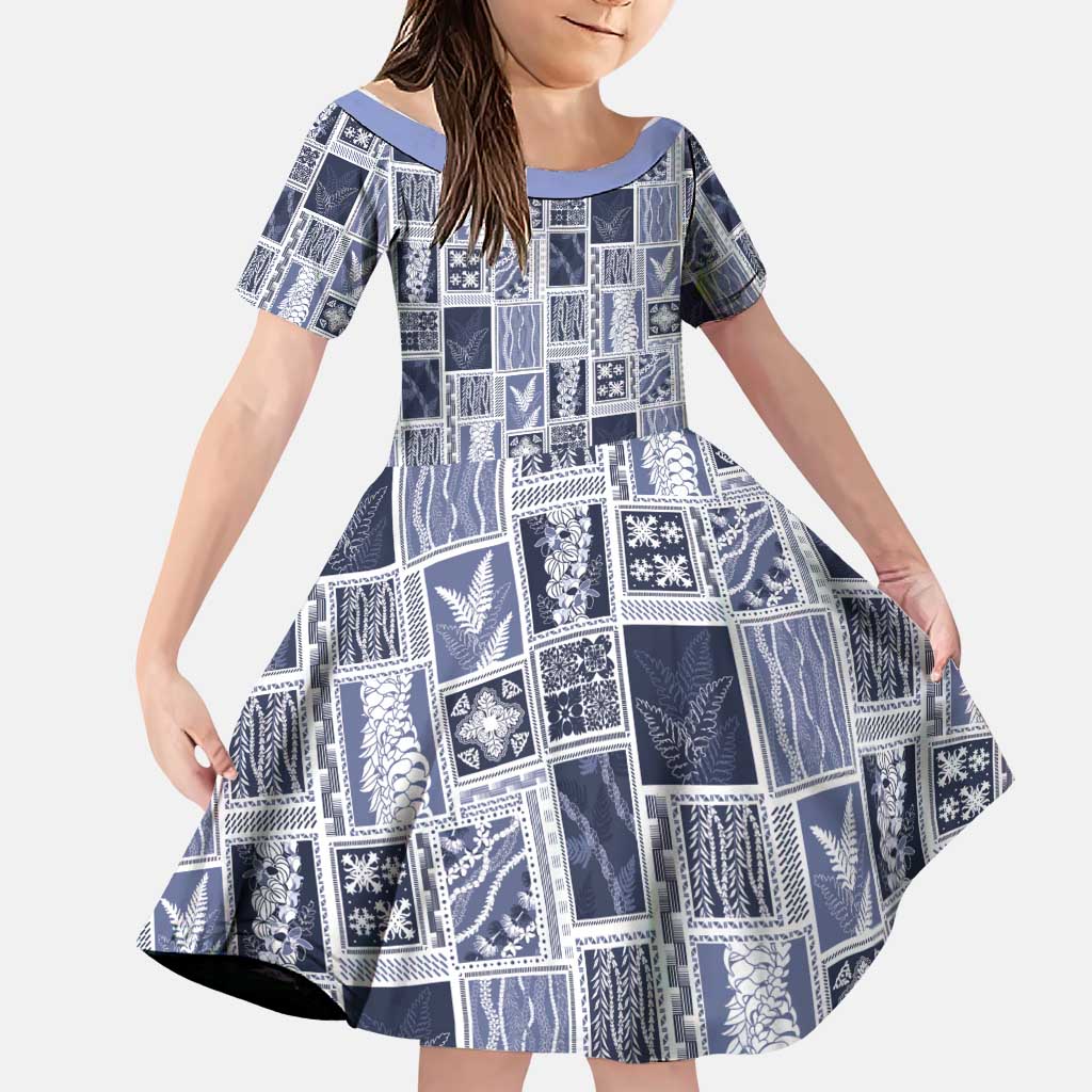 Vintage Aloha Block Quilt Family Matching Tank Maxi Dress and Hawaiian Shirt Blue Inspired Lei Motifs LT9 Daughter's Dress Blue - Polynesian Pride