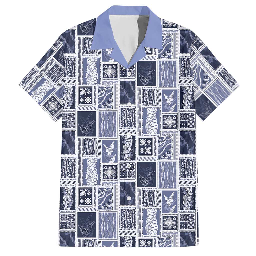 Vintage Aloha Block Quilt Hawaiian Shirt Blue Inspired Lei Motifs - Polynesian Pride
