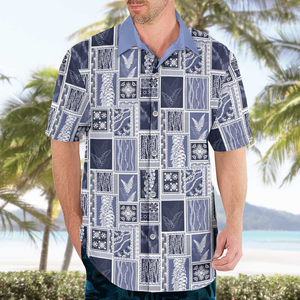 Vintage Aloha Block Quilt Hawaiian Shirt Blue Inspired Lei Motifs - Polynesian Pride