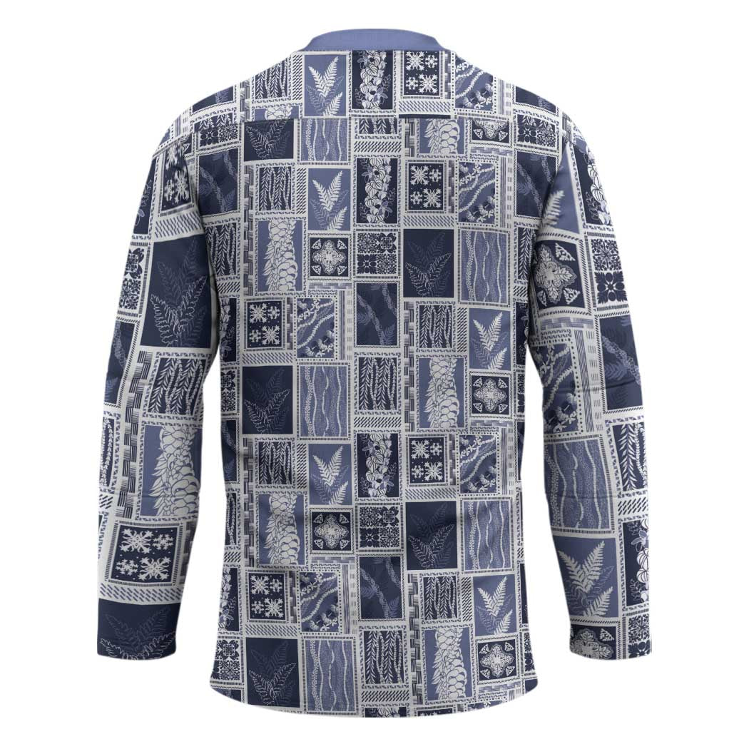 Vintage Aloha Block Quilt Hockey Jersey Blue Inspired Lei Motifs - Polynesian Pride