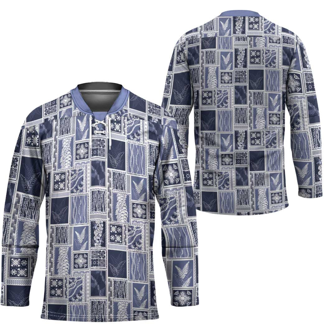 Vintage Aloha Block Quilt Hockey Jersey Blue Inspired Lei Motifs - Polynesian Pride