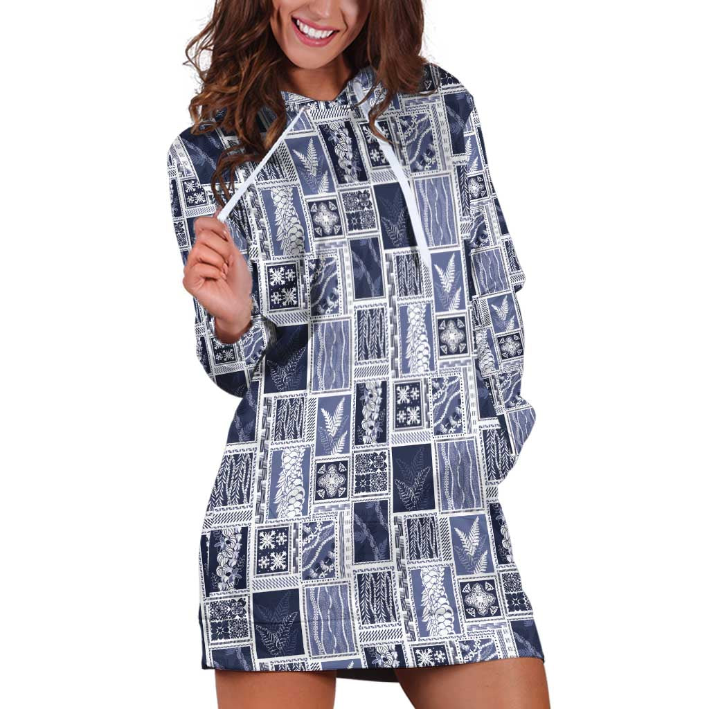 Vintage Aloha Block Quilt Hoodie Dress Blue Inspired Lei Motifs - Polynesian Pride
