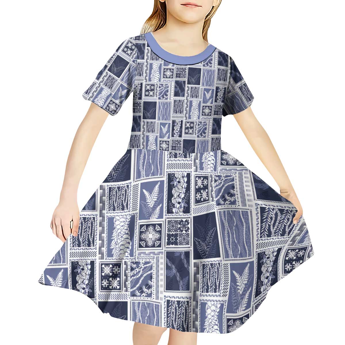 Vintage Aloha Block Quilt Kid Short Sleeve Dress Blue Inspired Lei Motifs - Polynesian Pride