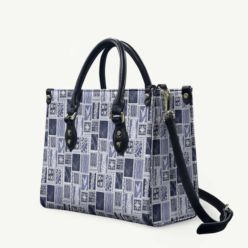 Vintage Aloha Block Quilt Leather Bag Blue Inspired Lei Motifs - Polynesian Pride