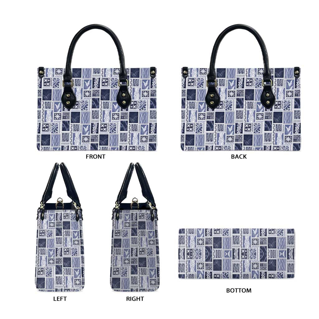 Vintage Aloha Block Quilt Leather Bag Blue Inspired Lei Motifs - Polynesian Pride