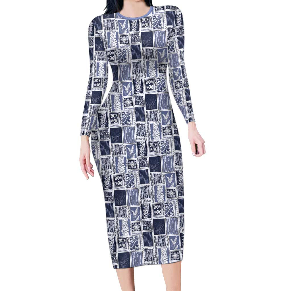 Vintage Aloha Block Quilt Long Sleeve Bodycon Dress Blue Inspired Lei Motifs LT9 Long Dress Blue - Polynesian Pride