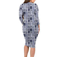 Vintage Aloha Block Quilt Long Sleeve Bodycon Dress Blue Inspired Lei Motifs LT9 - Polynesian Pride