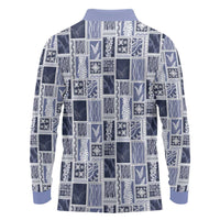 Vintage Aloha Block Quilt Long Sleeve Polo Shirt Blue Inspired Lei Motifs - Polynesian Pride