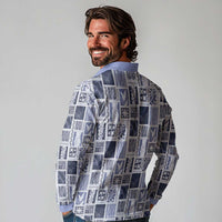 Vintage Aloha Block Quilt Long Sleeve Polo Shirt Blue Inspired Lei Motifs - Polynesian Pride