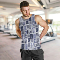 Vintage Aloha Block Quilt Men Tank Top Blue Inspired Lei Motifs - Polynesian Pride