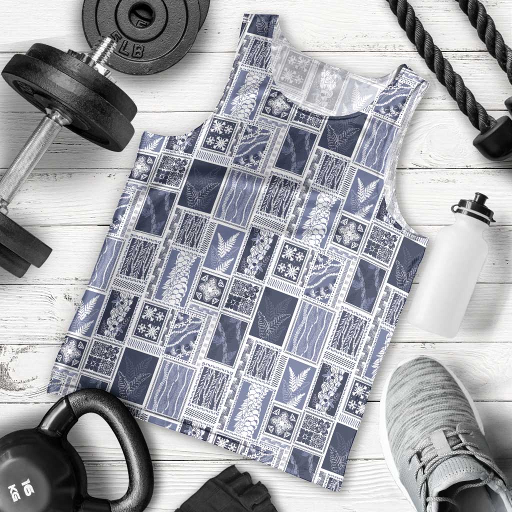 Vintage Aloha Block Quilt Men Tank Top Blue Inspired Lei Motifs - Polynesian Pride