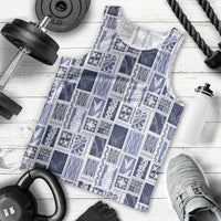 Vintage Aloha Block Quilt Men Tank Top Blue Inspired Lei Motifs - Polynesian Pride