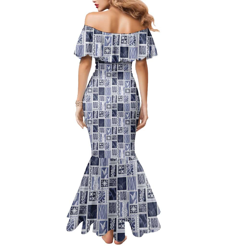 Vintage Aloha Block Quilt Mermaid Dress Blue Inspired Lei Motifs - Polynesian Pride