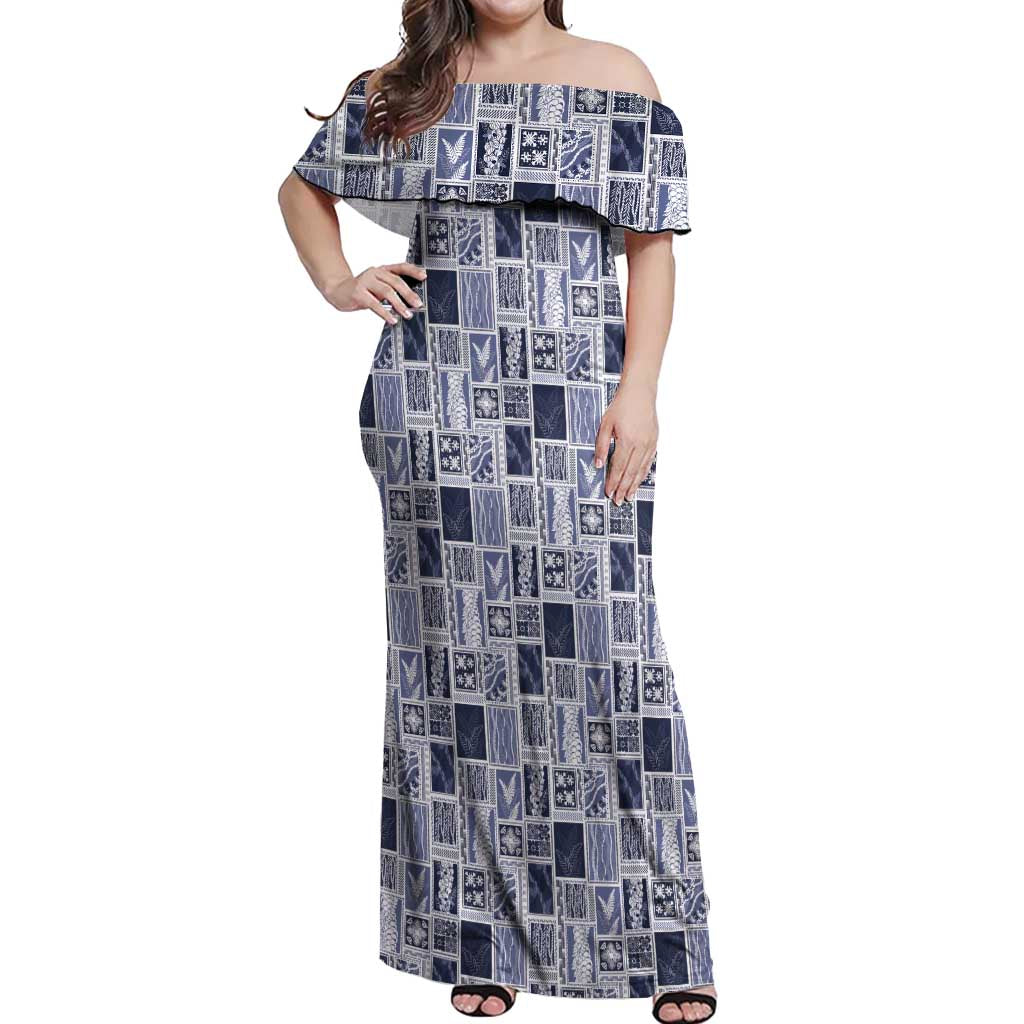 Vintage Aloha Block Quilt Off Shoulder Maxi Dress Blue Inspired Lei Motifs - Polynesian Pride