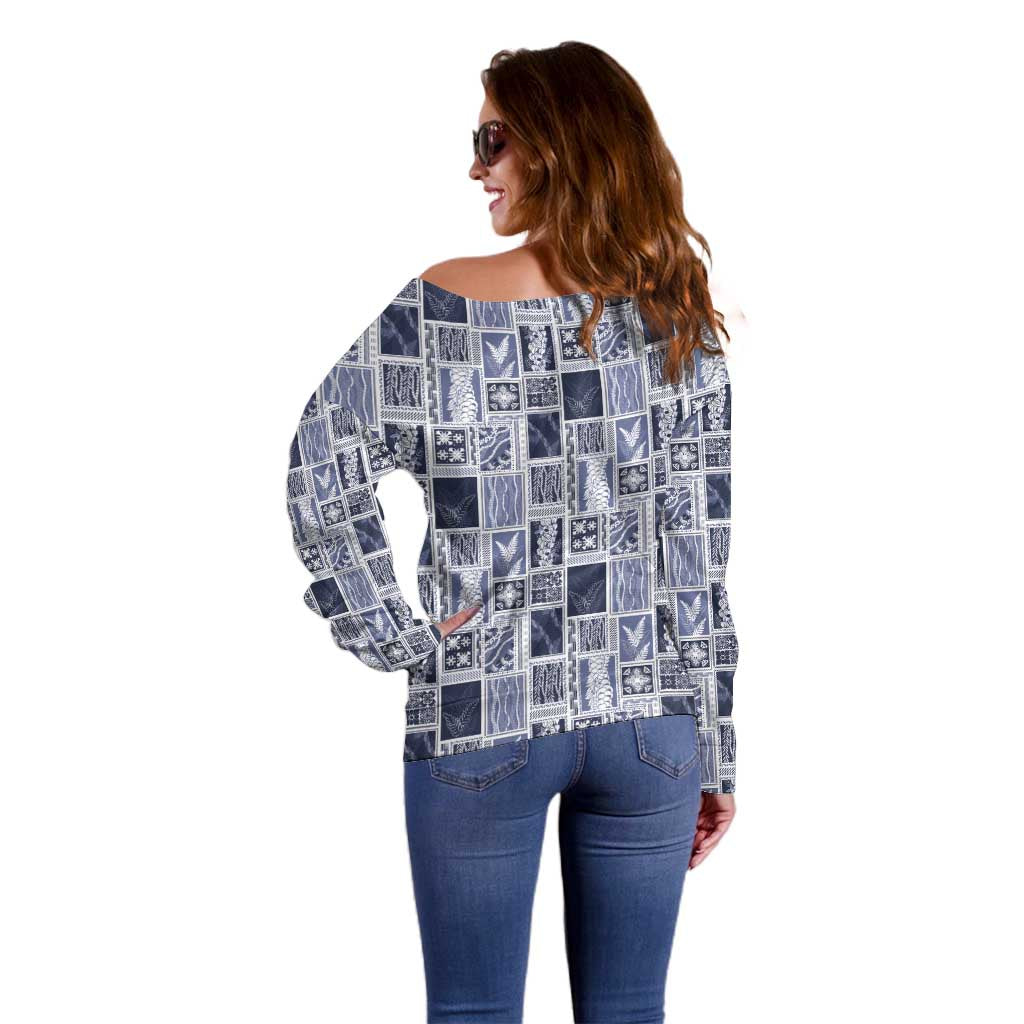 Vintage Aloha Block Quilt Off Shoulder Sweater Blue Inspired Lei Motifs - Polynesian Pride