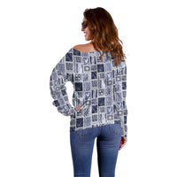 Vintage Aloha Block Quilt Off Shoulder Sweater Blue Inspired Lei Motifs - Polynesian Pride