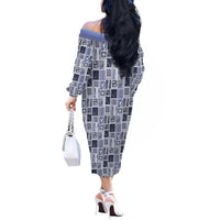 Vintage Aloha Block Quilt Off The Shoulder Long Sleeve Dress Blue Inspired Lei Motifs LT9 - Polynesian Pride