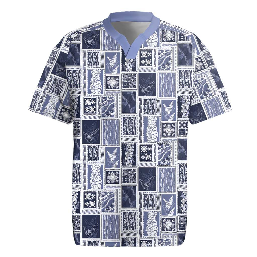 Vintage Aloha Block Quilt Rugby Jersey Blue Inspired Lei Motifs - Polynesian Pride