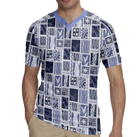 Vintage Aloha Block Quilt Rugby Jersey Blue Inspired Lei Motifs - Polynesian Pride