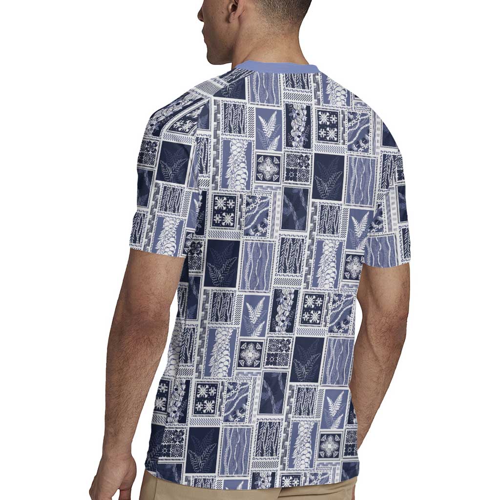 Vintage Aloha Block Quilt Rugby Jersey Blue Inspired Lei Motifs - Polynesian Pride
