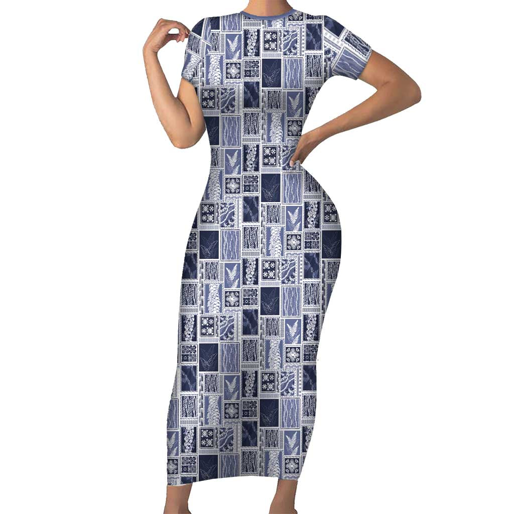 Vintage Aloha Block Quilt Short Sleeve Bodycon Dress Blue Inspired Lei Motifs LT9 Long Dress Blue - Polynesian Pride