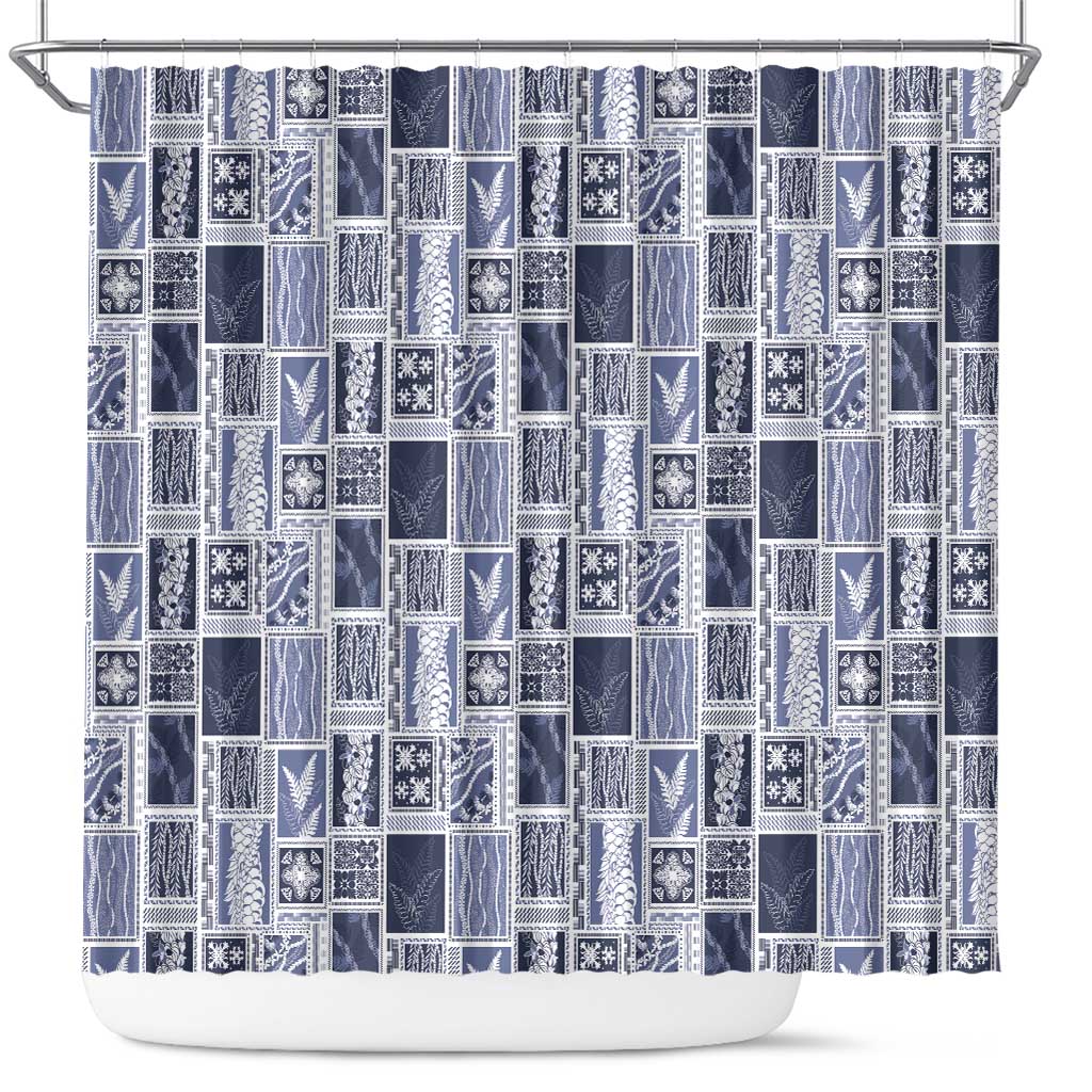 Vintage Aloha Block Quilt Shower Curtain Blue Inspired Lei Motifs - Polynesian Pride