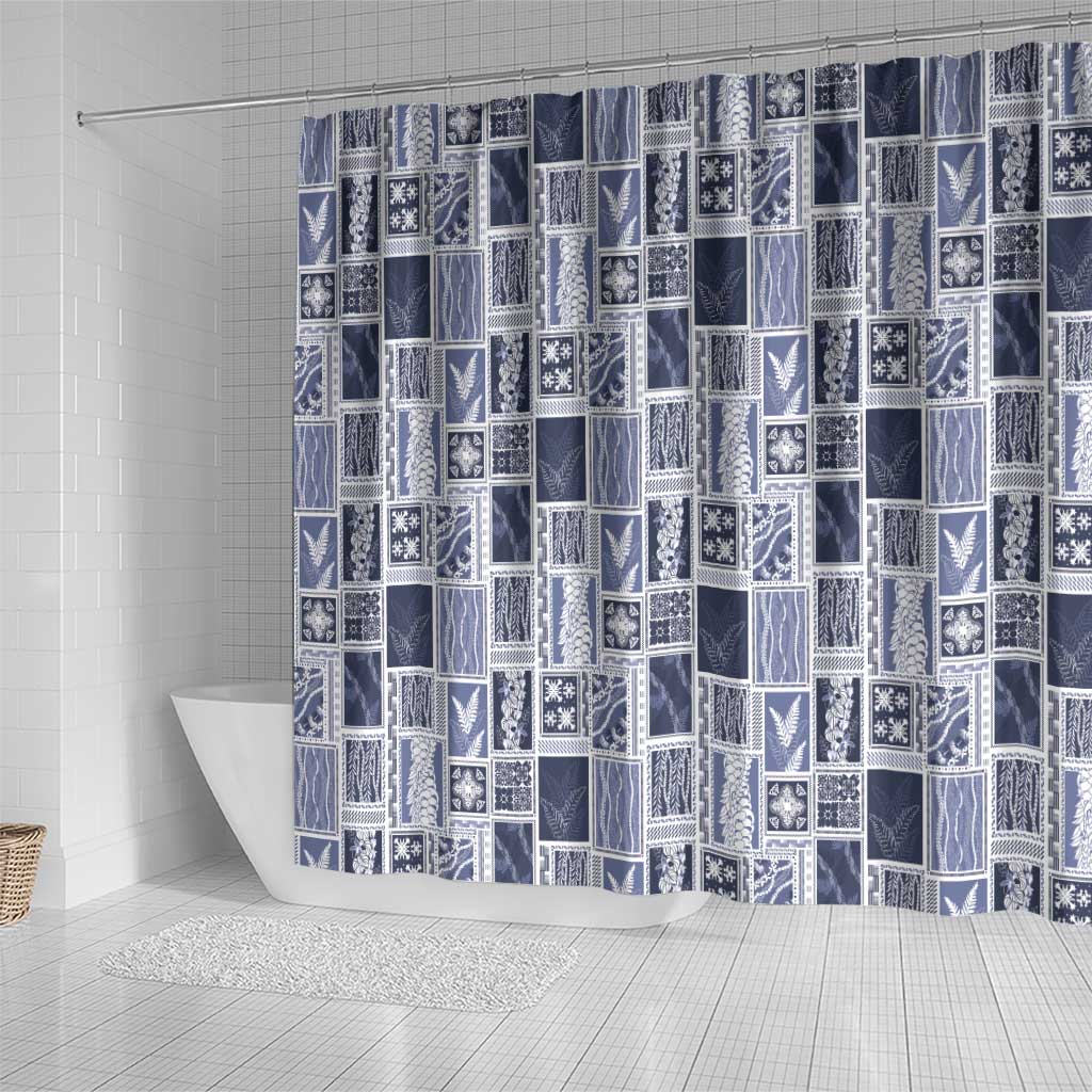 Vintage Aloha Block Quilt Shower Curtain Blue Inspired Lei Motifs - Polynesian Pride
