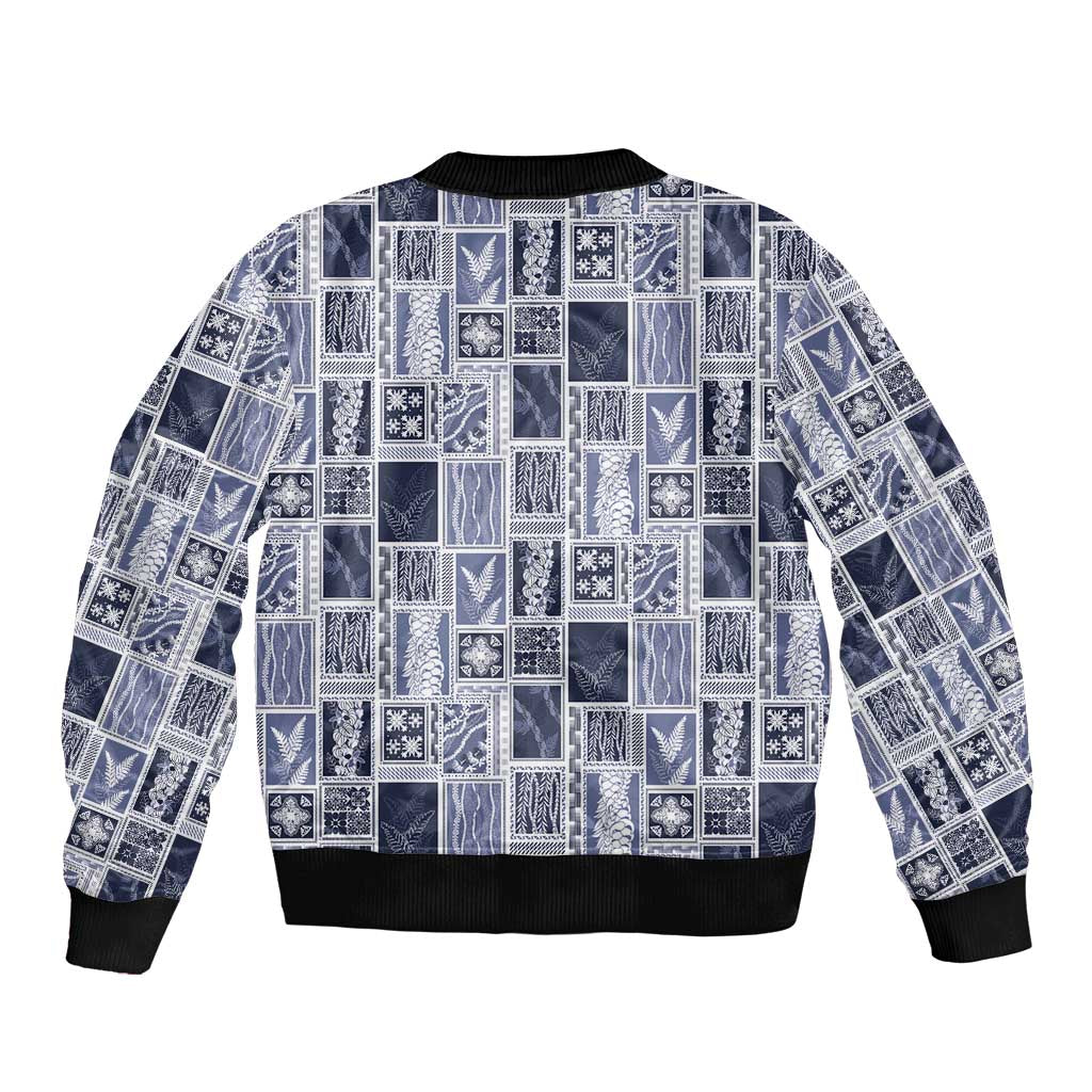 Vintage Aloha Block Quilt Sleeve Zip Bomber Jacket Blue Inspired Lei Motifs - Polynesian Pride
