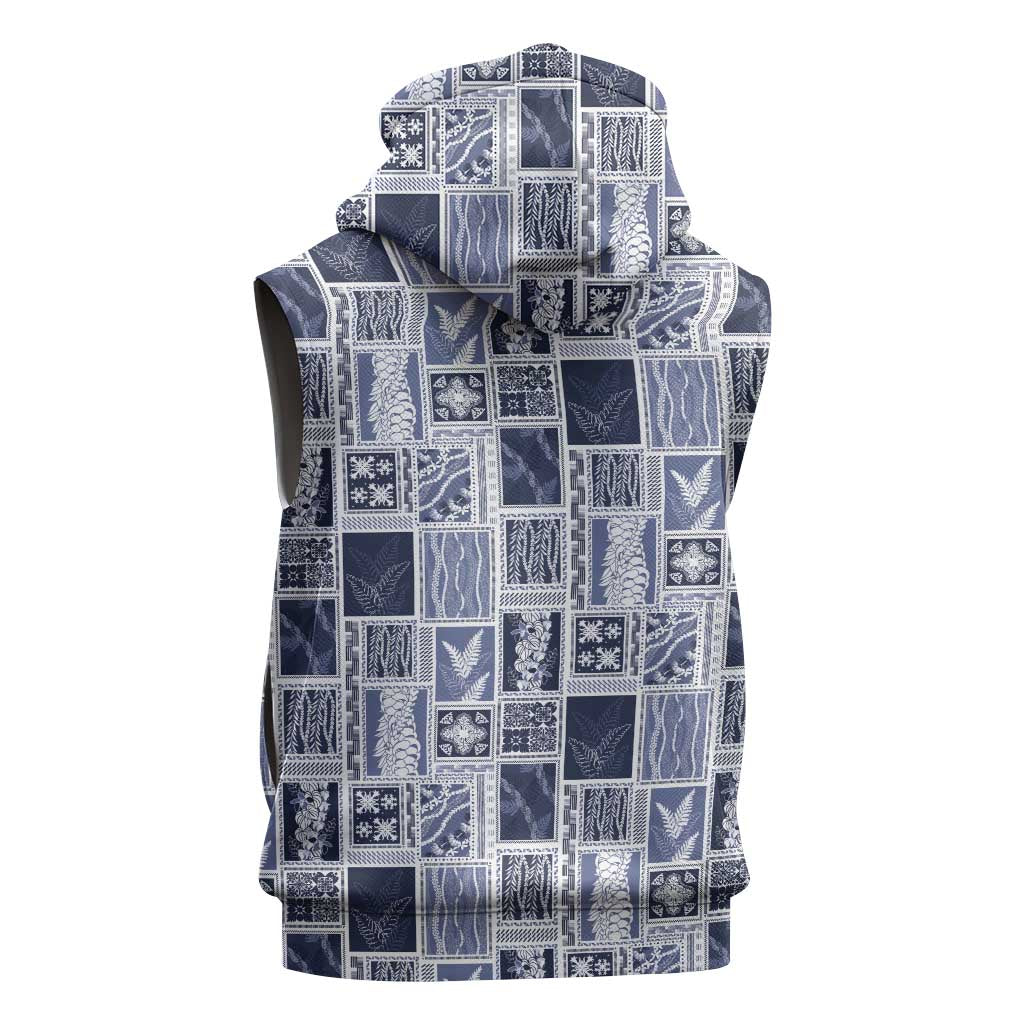 Vintage Aloha Block Quilt Sleeveless Hoodie Blue Inspired Lei Motifs - Polynesian Pride