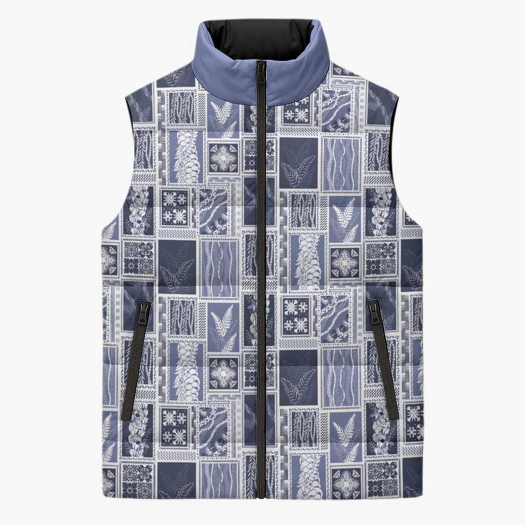 Vintage Aloha Block Quilt Sleeveless Puffer Jacket Blue Inspired Lei Motifs - Polynesian Pride
