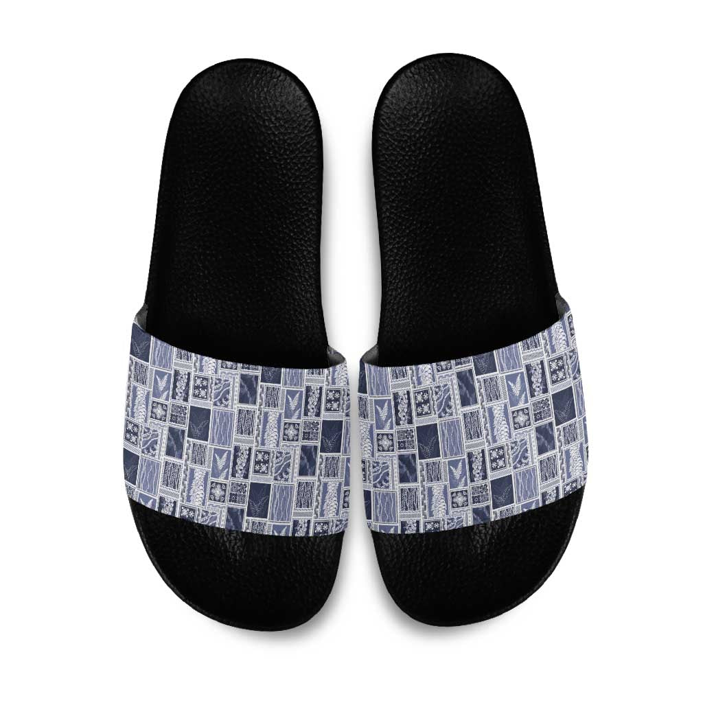 Vintage Aloha Block Quilt Slide Sandals Blue Inspired Lei Motifs - Polynesian Pride