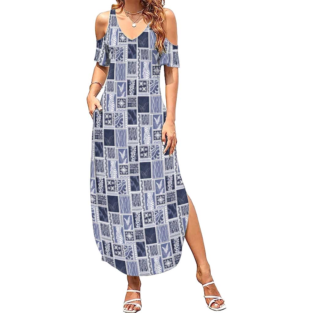 Vintage Aloha Block Quilt Summer Maxi Dress Blue Inspired Lei Motifs LT9 Women Blue - Polynesian Pride